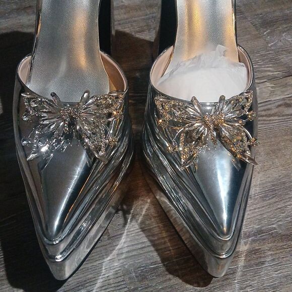 Funny She Jill silver platform butterfly embellished heels Sz 9.5 - Picture 3 of 8